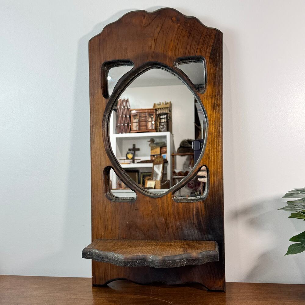 Vintage Wall Mirror with Shelf Dark Wood Hallway Entryway Wall Decor